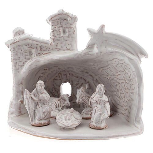 Hütte mit Krippenszene Jesus Geburt aus Terrakotta in weiß, 10 cm 2