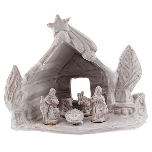 Hütte mit Krippenszene Jesus Geburt aus Terrakotta in weiß, 10 cm 1