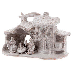 Hütte mit Krippenszene Jesus Geburt aus Terrakotta in weiß, 10 cm