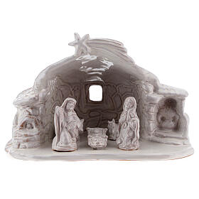 Stall mit Krippenszene Jesus Geburt aus Terrakotta in weiß, 15 cm