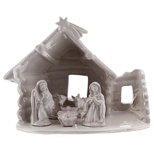 Hütte mit Krippenszene aus Terrakotta Geburt Jesus weiß, 20 cm 1