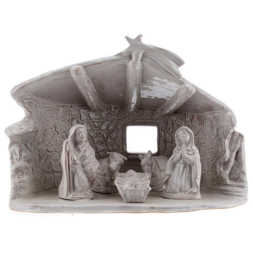 Hütte mit Krippenszene aus Terrakotta Heilige Familie weiß, 20 cm 1