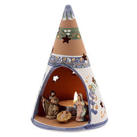 Blue cone with statues in Deruta terracotta with light 15 cm