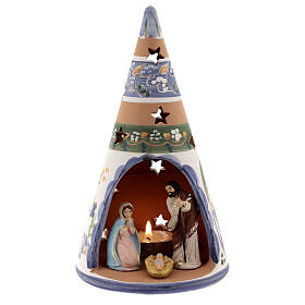 Stożek świąteczny z terakoty z ręcznie malowanymi figurkami, Deruta, niebieski, 20 cm