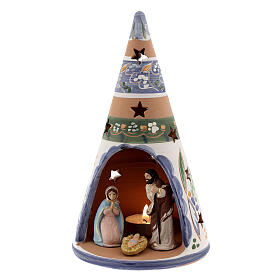 Stożek świąteczny z terakoty z ręcznie malowanymi figurkami, Deruta, niebieski, 20 cm