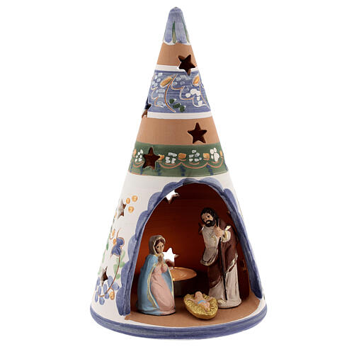 Stożek świąteczny z terakoty z ręcznie malowanymi figurkami, Deruta, niebieski, 20 cm 3