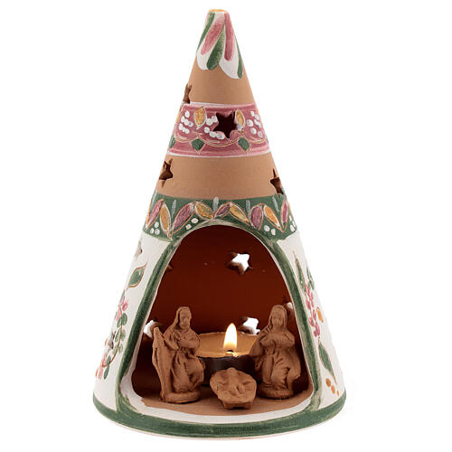 Holy Family cone in natural Deruta terracotta with light and pink decorations 15 cm 1