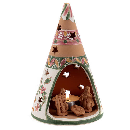 Stożek z figurakmi Świętej Rodziny z naturalnej terakoty, Deruta, 15 cm, ozdoby różowe 3