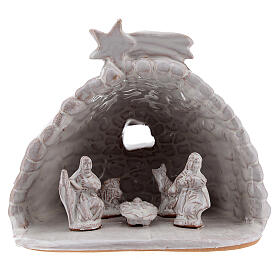 Hütte mit Krippenszene Geburt Jesus aus Terrakotta in weiß, 10 cm