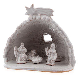 Hütte mit Krippenszene Geburt Jesus aus Terrakotta in weiß, 10 cm