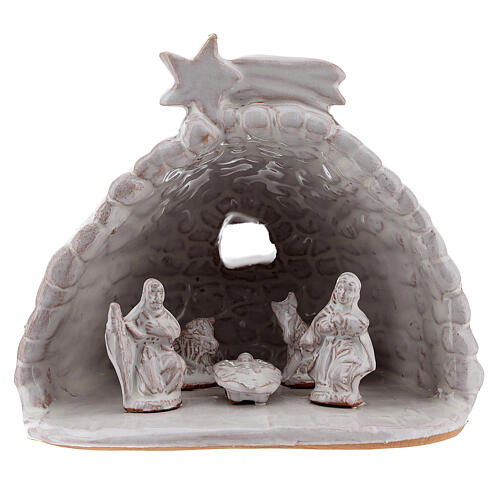 Hütte mit Krippenszene Geburt Jesus aus Terrakotta in weiß, 10 cm 1