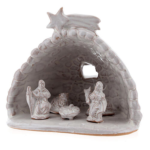 White Holy Family in rock effect stable Deruta terracotta 10 cm 2