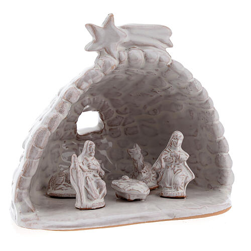 White Holy Family in rock effect stable Deruta terracotta 10 cm 3