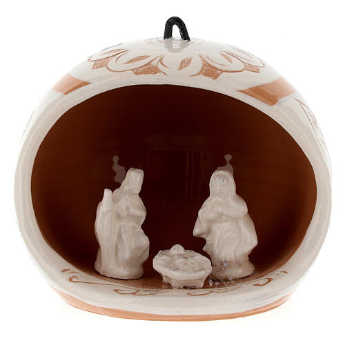 Open ball with Nativity, cream-coloured Deruta terracotta, 3.5 in 1