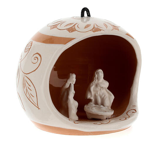 Open ball with Nativity, cream-coloured Deruta terracotta, 3.5 in 3