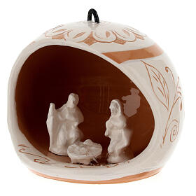 Boule de Noël ouverte avec Nativité terre cuite Deruta crème 9 cm