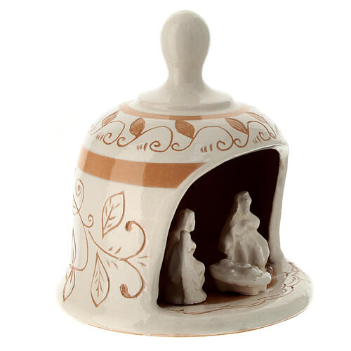 Bell-shaped stable with Nativity, cream-coloured Deruta terracotta, h 4 in 3