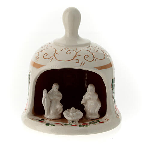 Bell-shaped stable with Nativity, painted Deruta terracotta, h 4 in 1