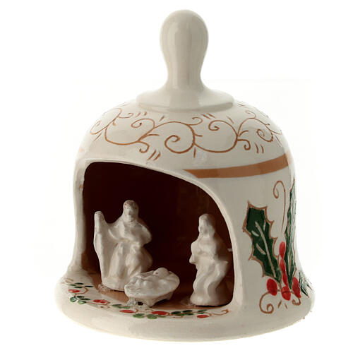 Bell-shaped stable with Nativity, painted Deruta terracotta, h 4 in 2