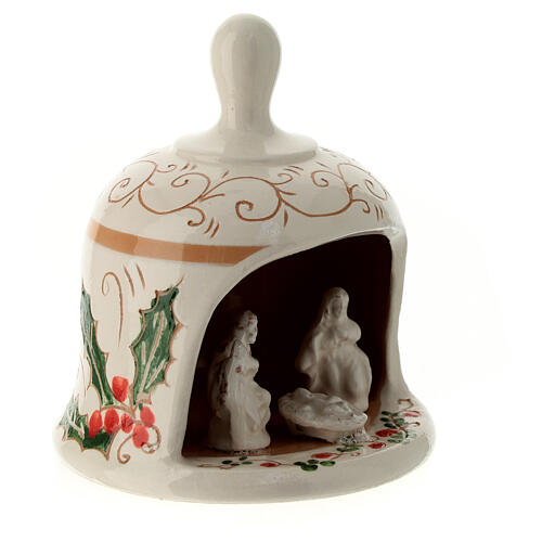 Bell-shaped stable with Nativity, painted Deruta terracotta, h 4 in 3