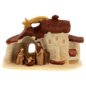 Hamlet with Nativity stable, Deruta terracotta with wooden finish, 3.5x5.5x2.5 in