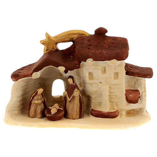 Hamlet with Nativity stable, Deruta terracotta with wooden finish, 3.5x5.5x2.5 in 1