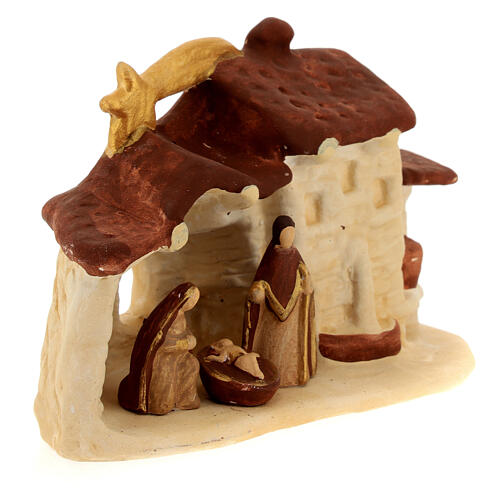 Hamlet with Nativity stable, Deruta terracotta with wooden finish, 3.5x5.5x2.5 in 3