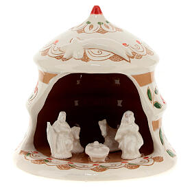 Pine-shaped stable with Nativity, painted Deruta terracotta, h 5 in