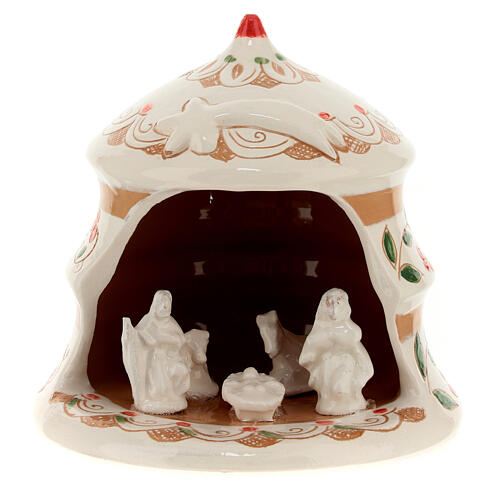 Pine-shaped stable with Nativity, painted Deruta terracotta, h 5 in 1
