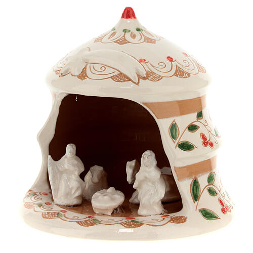 Pine-shaped stable with Nativity, painted Deruta terracotta, h 5 in 2