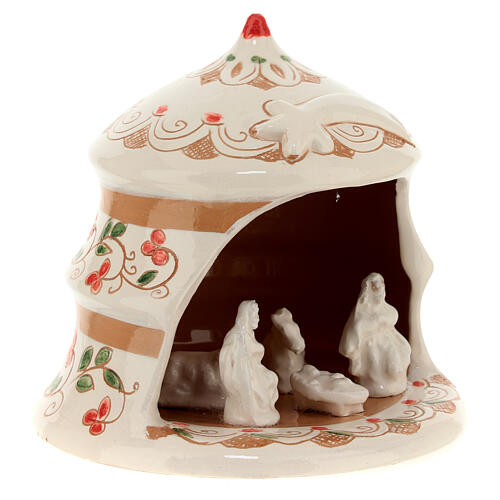 Pine-shaped stable with Nativity, painted Deruta terracotta, h 5 in 3