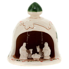 Bell-shaped stable with Nativity and holly pattern, painted Deruta terracotta, h 4.5 in