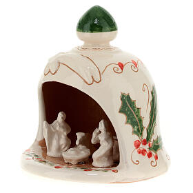 Bell-shaped stable with Nativity and holly pattern, painted Deruta terracotta, h 4.5 in