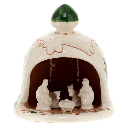 Bell-shaped stable with Nativity and holly pattern, painted Deruta terracotta, h 4.5 in 1