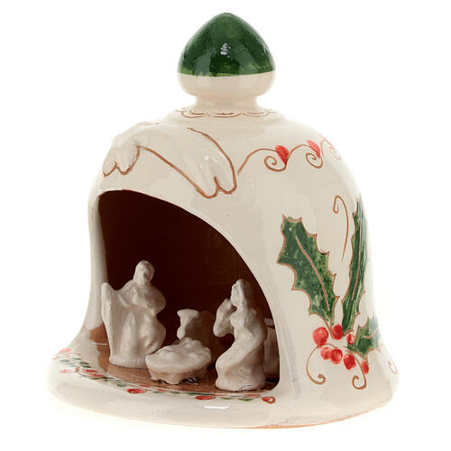 Bell-shaped stable with Nativity and holly pattern, painted Deruta terracotta, h 4.5 in 2