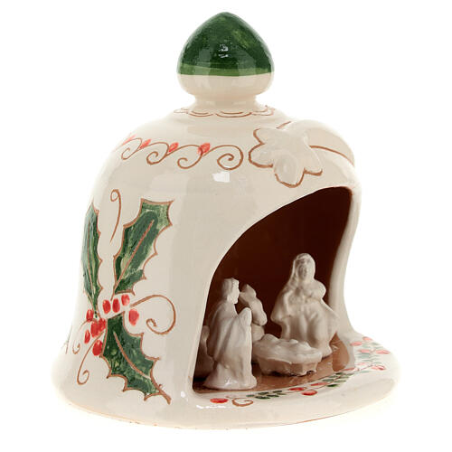 Bell-shaped stable with Nativity and holly pattern, painted Deruta terracotta, h 4.5 in 3