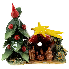 Cabana Natividade terracota Deruta figuras Sagrada Família, árvore e estrela; 15x15x7 cm