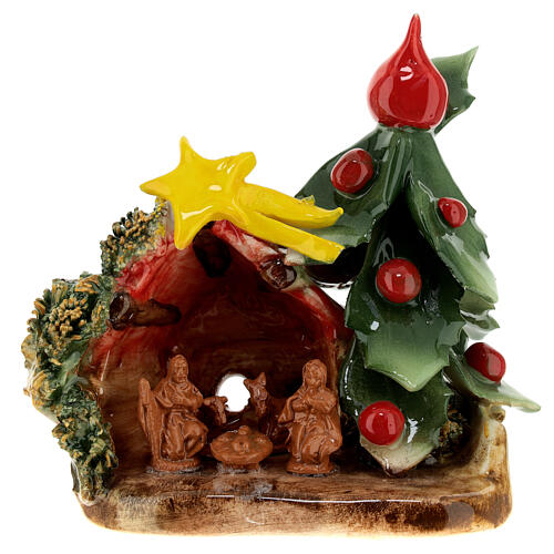 Cabane petite Nativité comète et sapin de Noël terre cuite Deruta colorée 15x15x10 cm 1