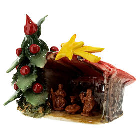 Nativity stable with tiled roof and Christmas tree, Deruta terracotta, 5x6x4 in