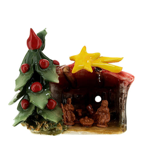 Nativity stable with tiled roof and Christmas tree, Deruta terracotta, 5x6x4 in 1
