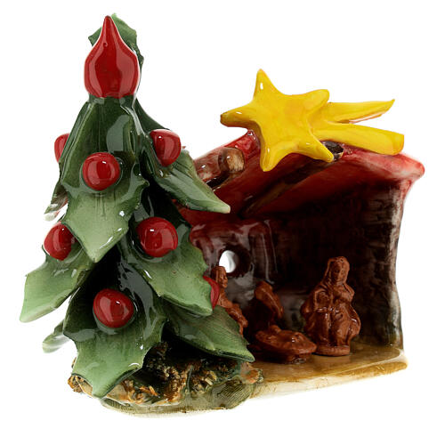 Nativity stable with tiled roof and Christmas tree, Deruta terracotta, 5x6x4 in 3