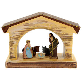 Modern Nativity stable with Holy Family, Deruta terracotta with wooden finish, 5x8x3 in