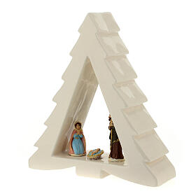 Pine-shaped white stable with Nativity, Deruta terracotta, 6 cm characters