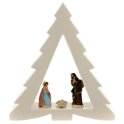 Pine-shaped white stable with Nativity, Deruta terracotta, 6 cm characters 1