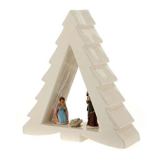 Pine-shaped white stable with Nativity, Deruta terracotta, 6 cm characters 2