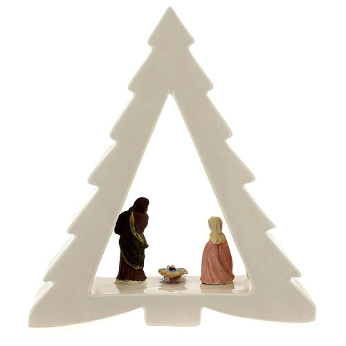 Pine-shaped white stable with Nativity, Deruta terracotta, 6 cm characters 4