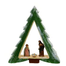 Pine-shaped stable with Nativity, painted Deruta terracotta, 6 cm characters