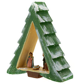 Pine-shaped stable with Nativity, painted Deruta terracotta, 6 cm characters