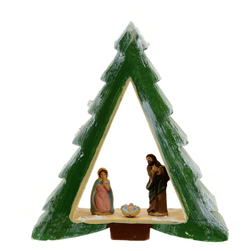 Pine-shaped stable with Nativity, painted Deruta terracotta, 6 cm characters 1