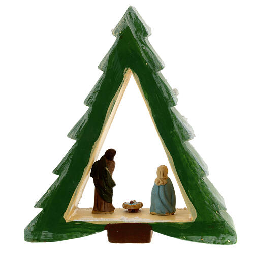 Pine-shaped stable with Nativity, painted Deruta terracotta, 6 cm characters 4